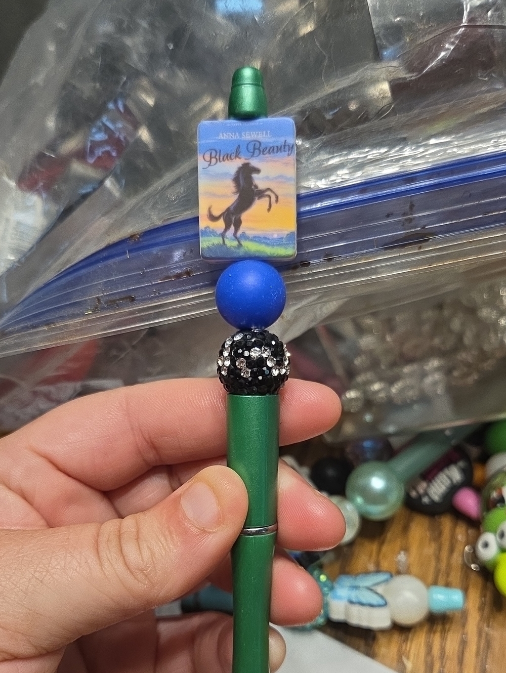 Decorative Green Bead Pen with Blue Accent